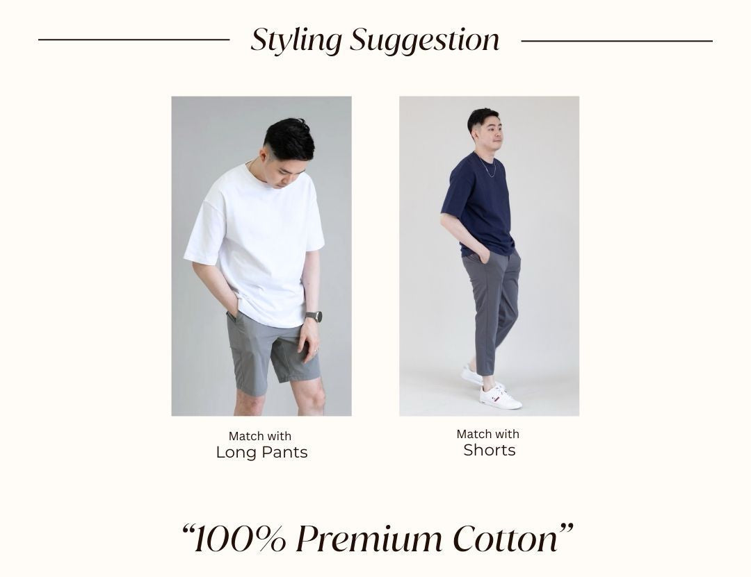 Oversized T worn with shorts on the left and long pants on the right
