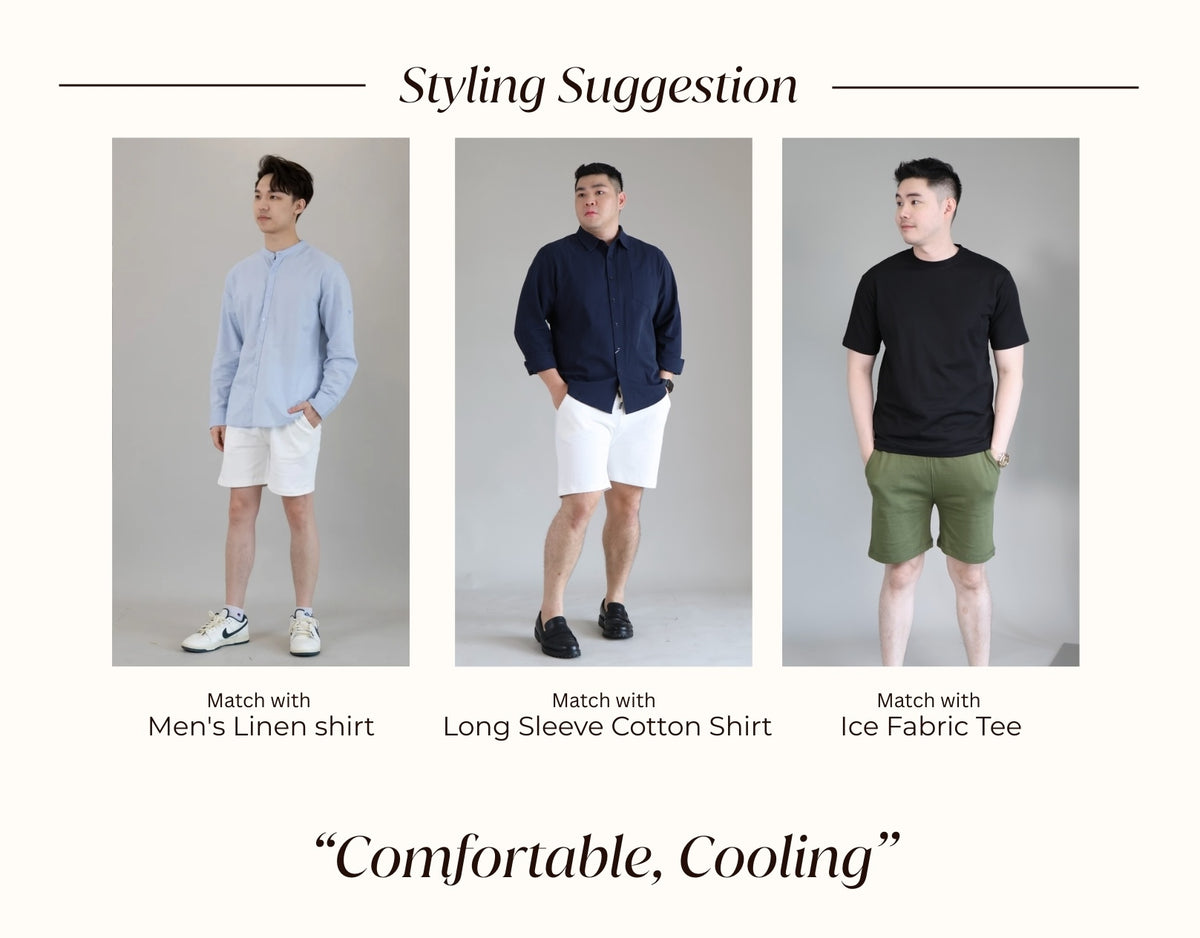 Heavyweight Cotton Shorts styled with a linen shirt, a long sleeve cotton shirt and an Ice Fabric Tee.