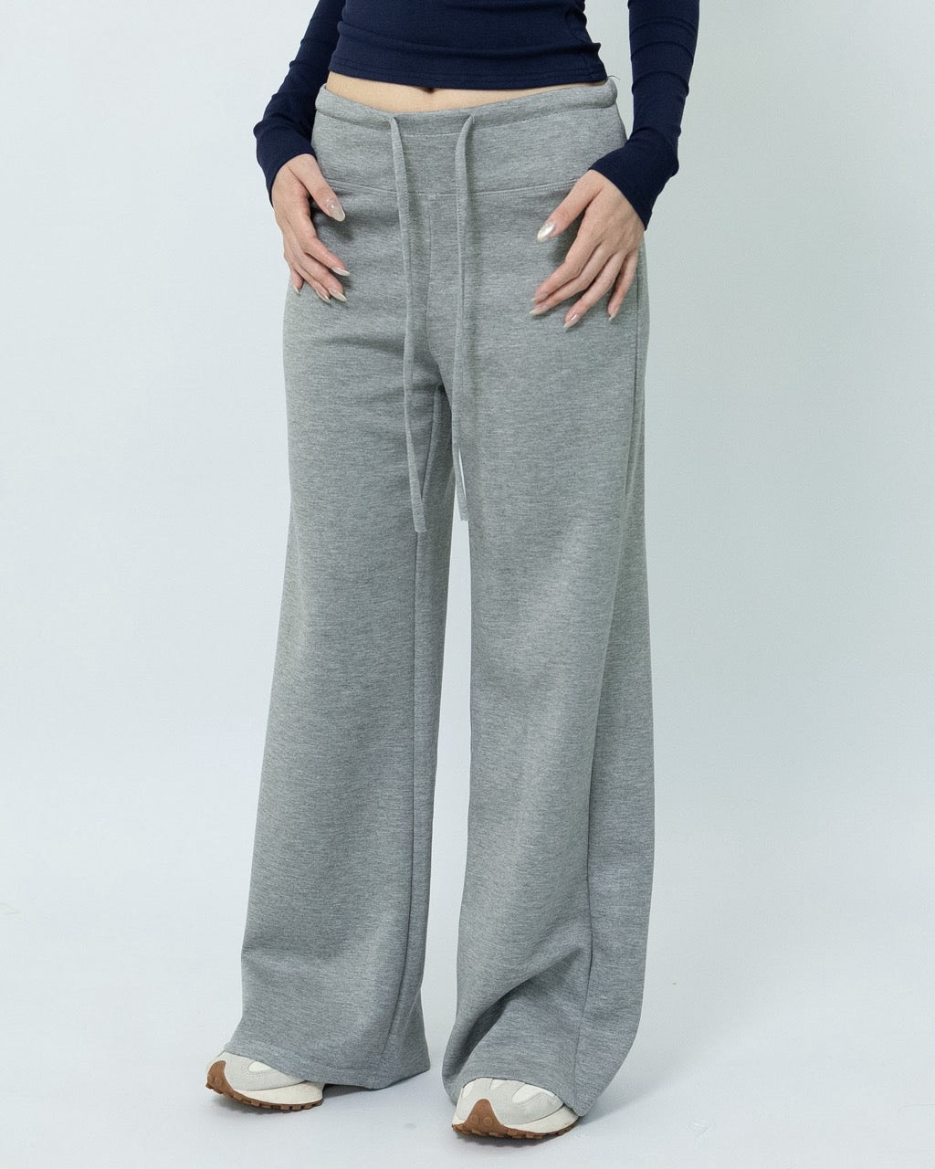 Grey Meltsoft Wide-leg Pants showing the drawstring waist and full-length cut