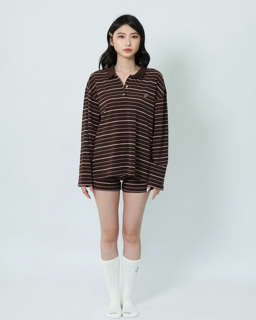 Full-body view of the relaxed Meltstripe Long Sleeve Polo fit