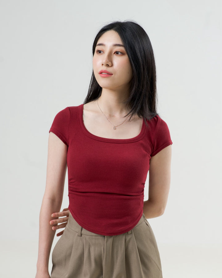 Sculpted Scoop Neck T in Maroon, showing the scoop neckline and fitted shape