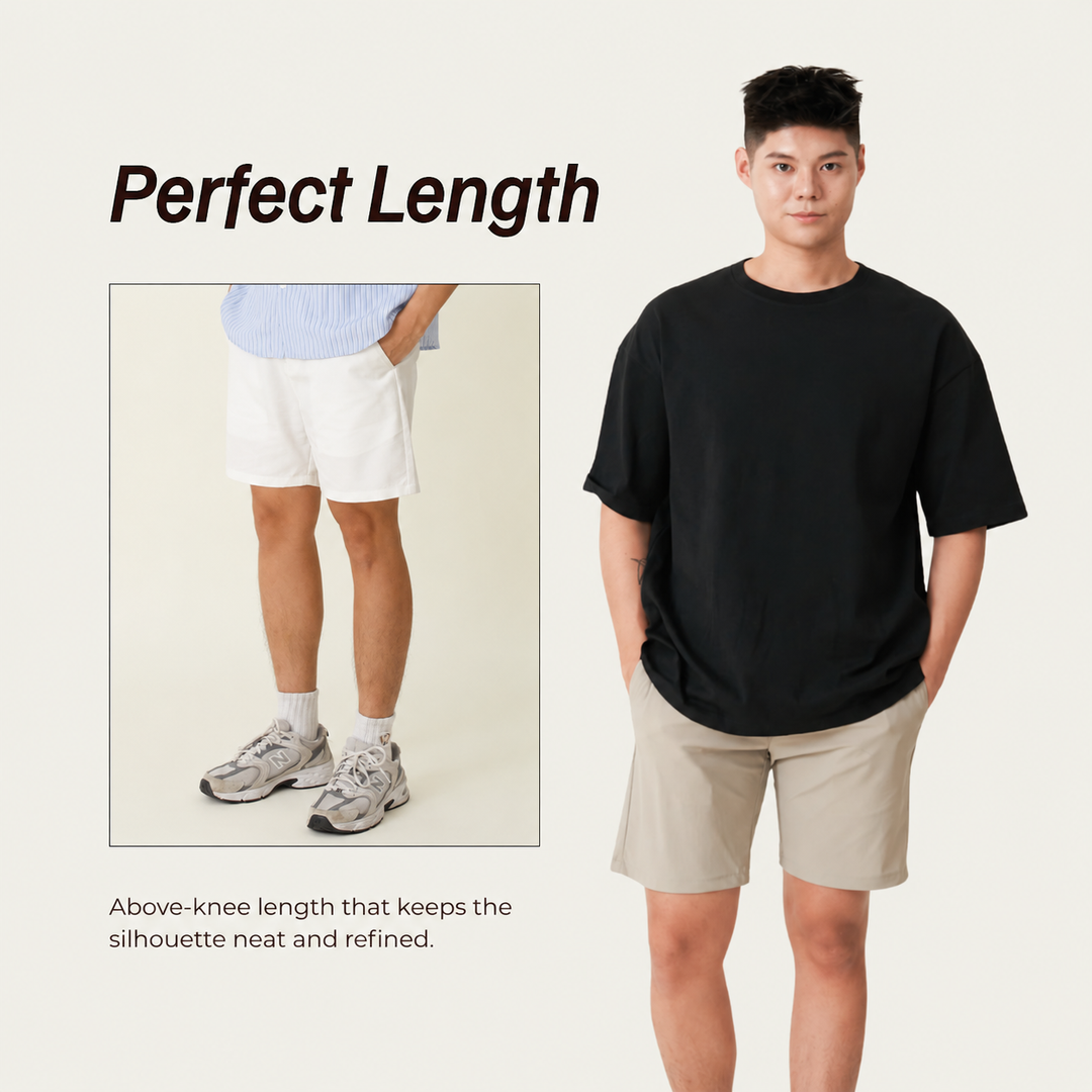 Holiday Short Pants Perfect Length: white shorts styled with a blue striped shirt and grey trainers, alongside a model wearing khaki shorts