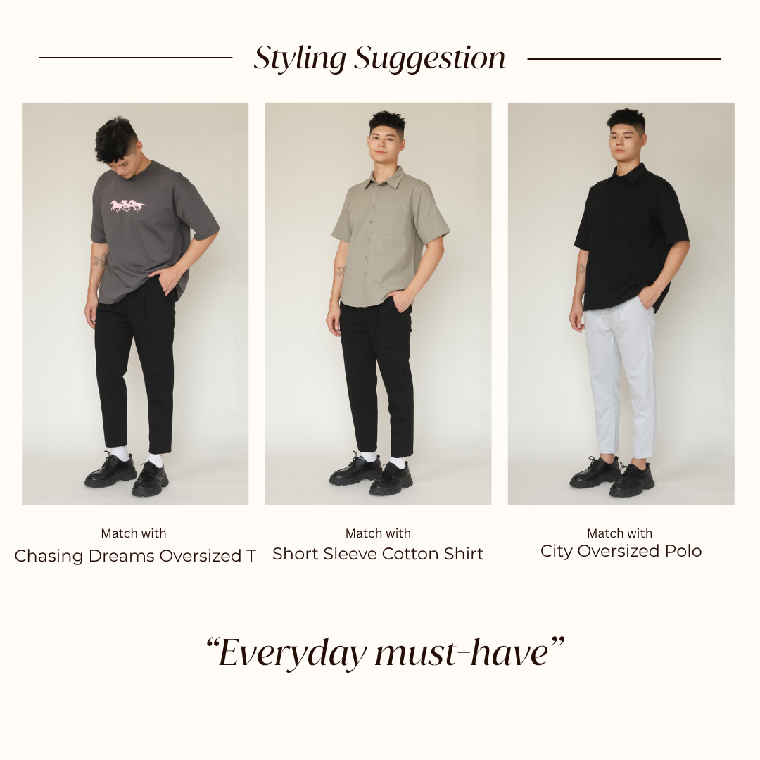 Ice Ankle Pants styling with Chasing Dreams Oversized T, Short Sleeve Cotton Shirt and City Oversized Polo