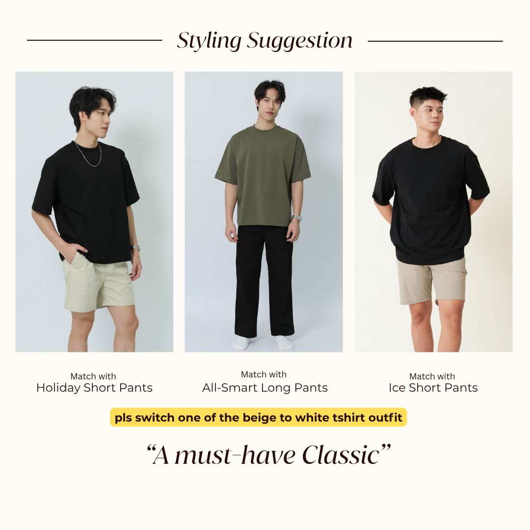 Signature Oversized T styled with Holiday Short Pants, All-Smart Long Pants and Ice Short Pants