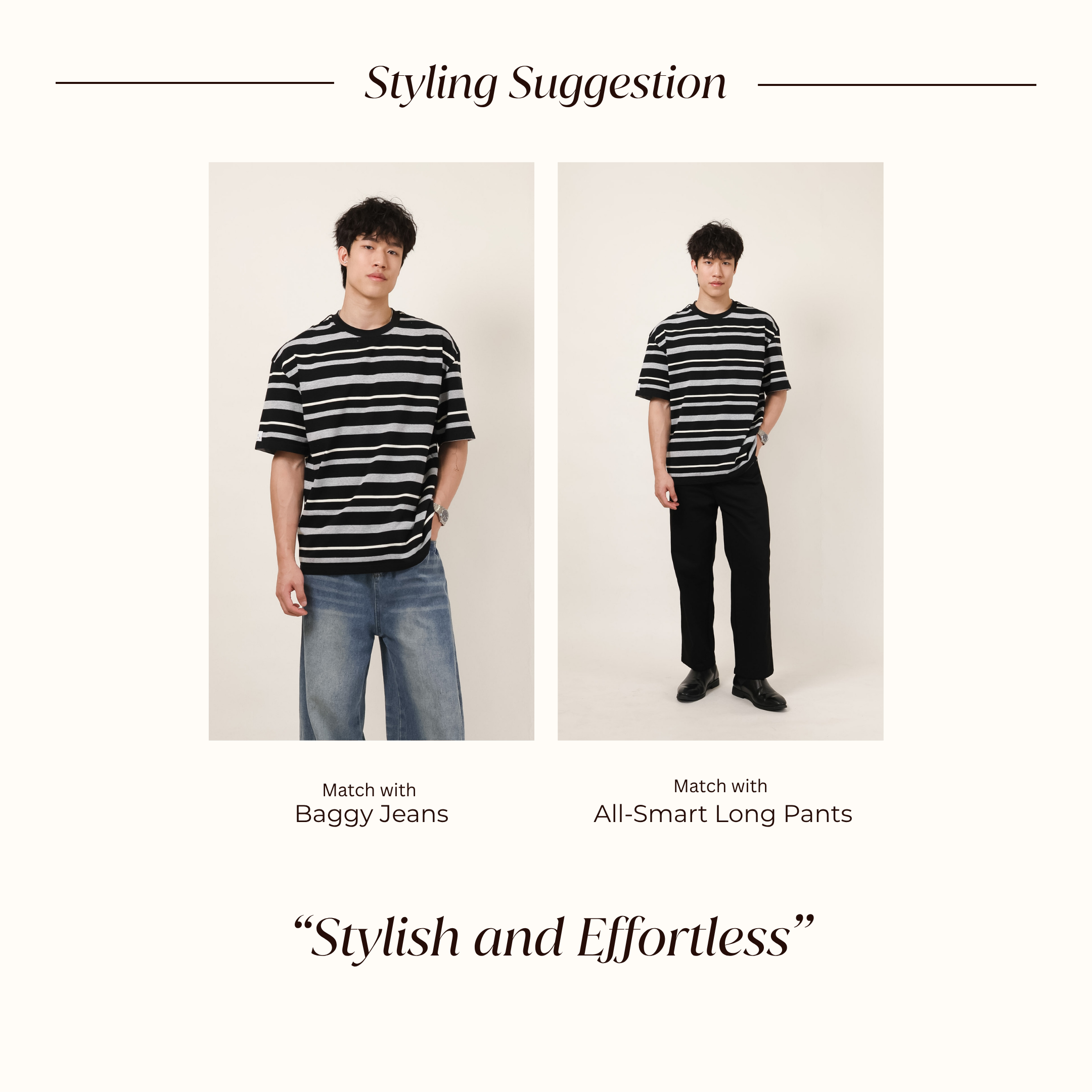 Stripes Oversized T styled with Baggy Jeans and All-Smart Long Pants