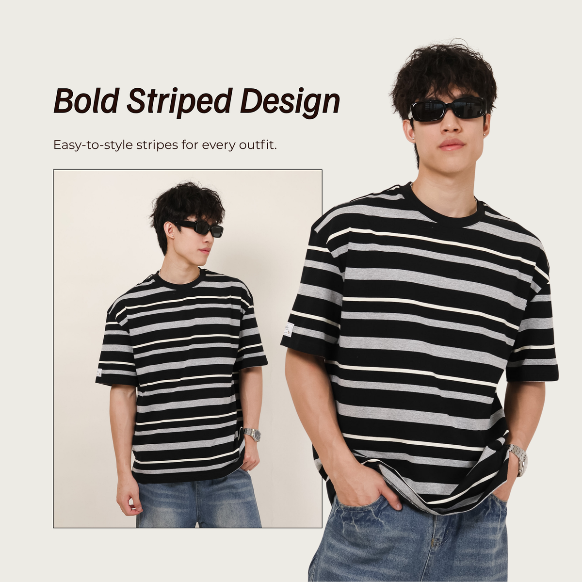 Stripes Oversized T bold striped design worn with jeans