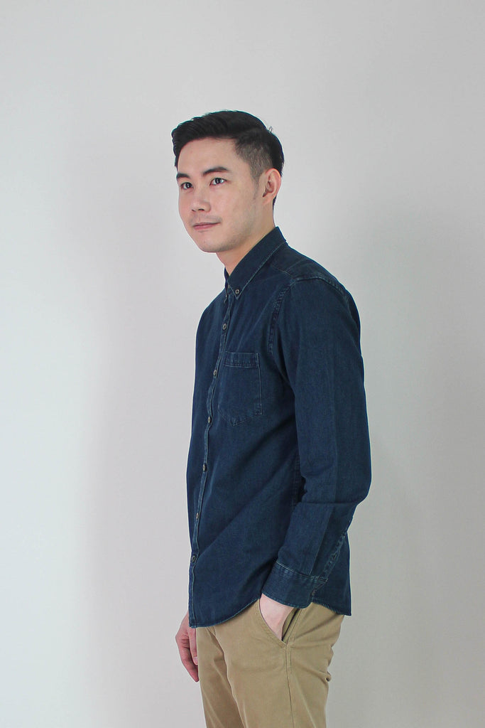 Men's denim shirt, dark blue, side body profile