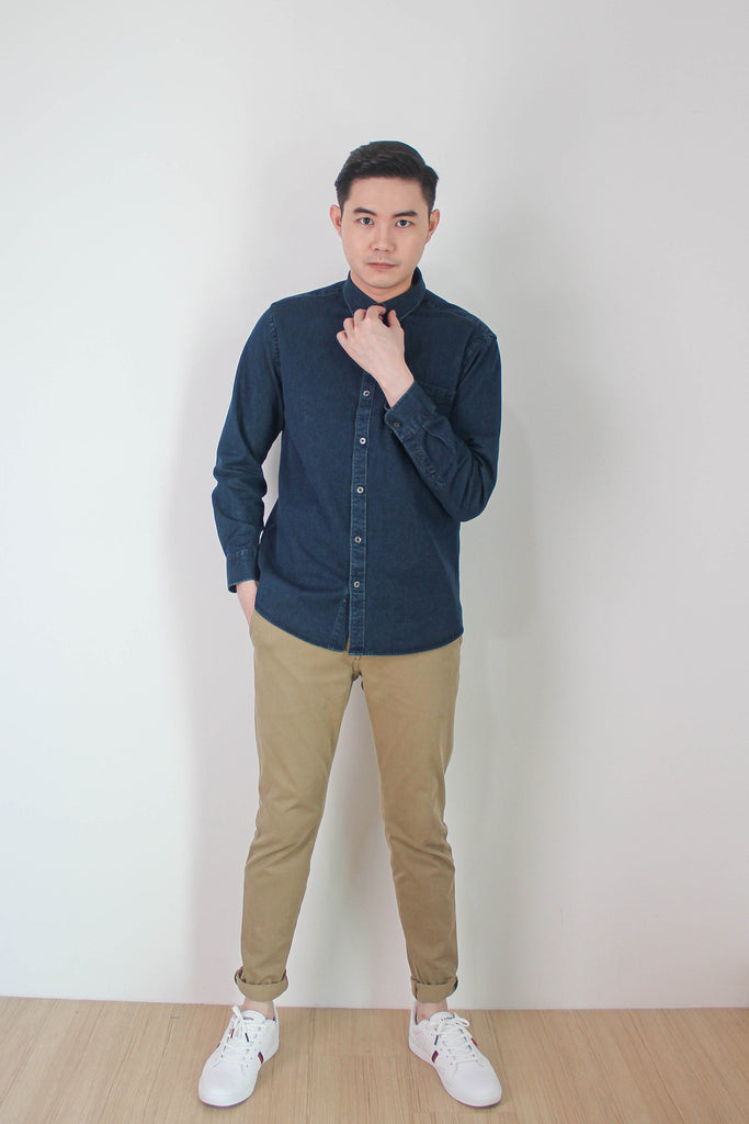 Men's denim shirt, Dark Blue, full body look