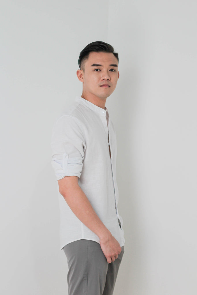 Men's Linen Shirt, sleeves up, side body profile