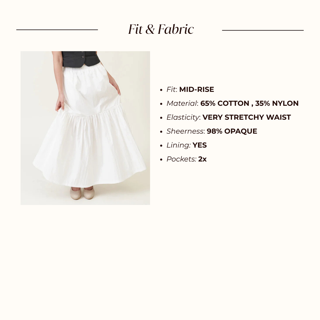 Main Character Tiered Skirt — Fit and Fabric: mid-rise, 65% cotton and 35% nylon, very stretchy waist, lined, two pockets.