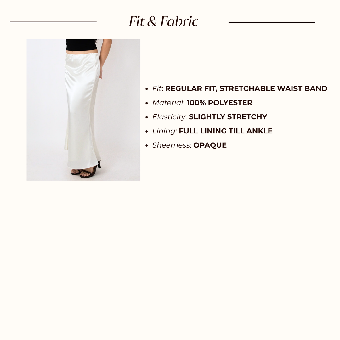 Flowy Satin Skirt Fit and Fabric: regular fit, stretchable waistband, 100% polyester, slightly stretchy, full lining to ankle, opaque